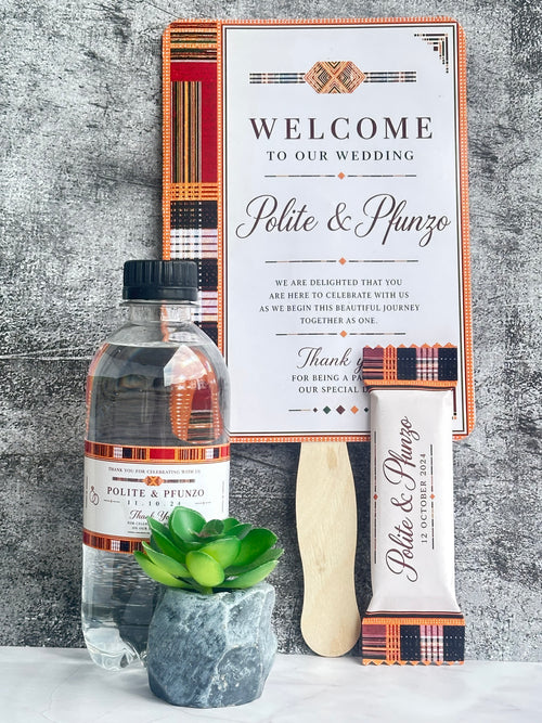 Branded water, wedding program & personalised chocolate set