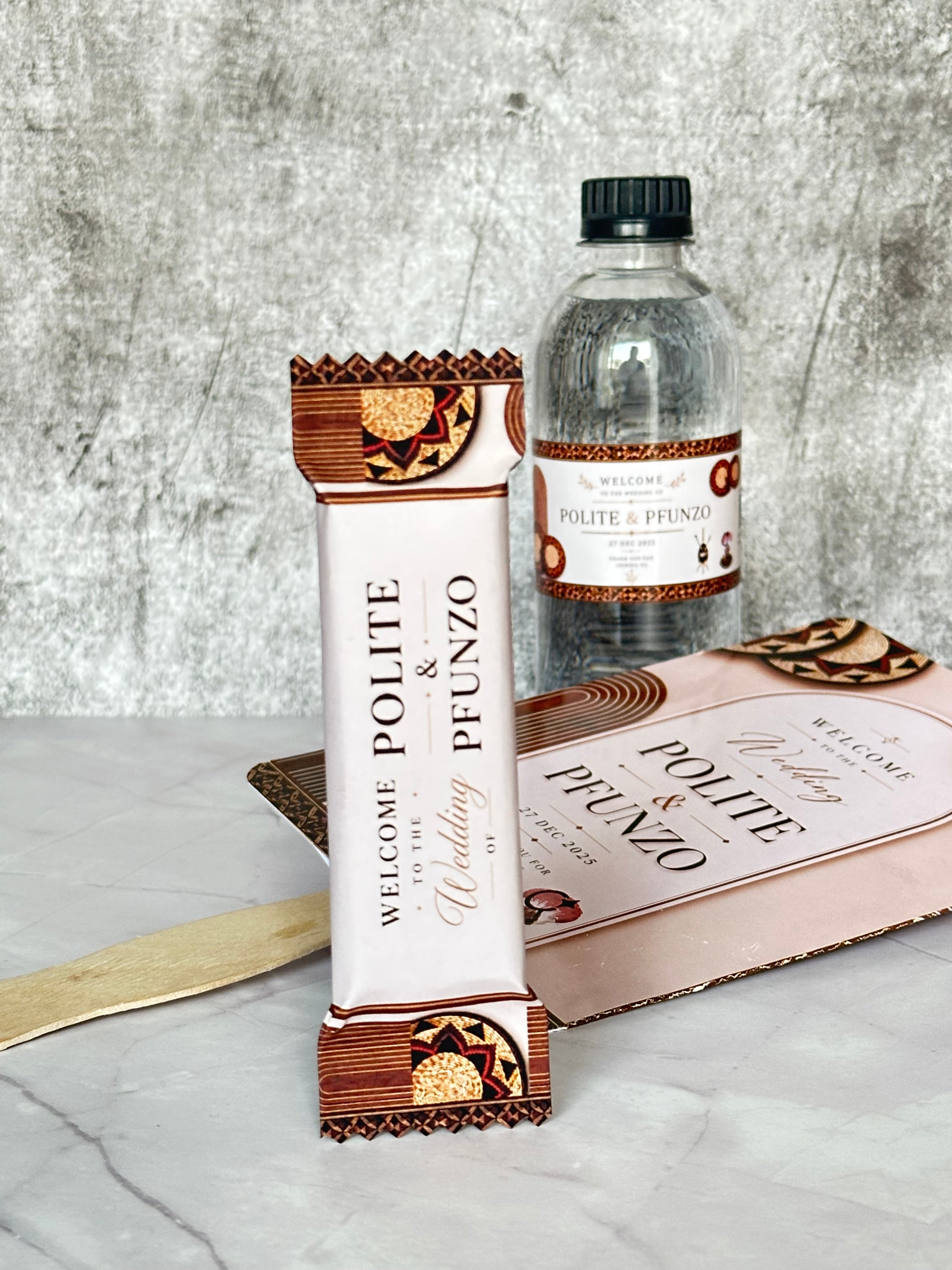 Branded water, wedding program & personalised chocolate set