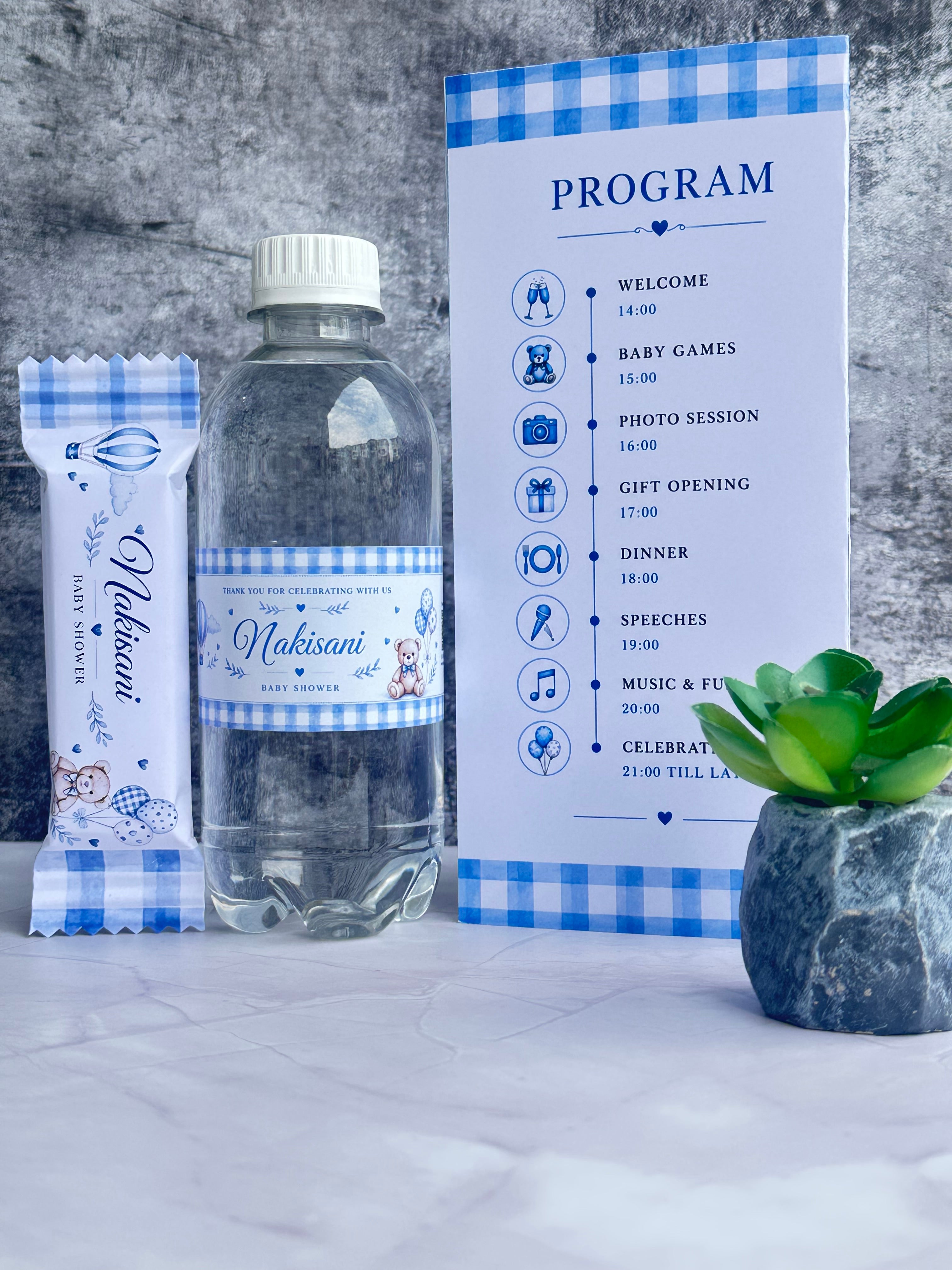 Branded water, wedding program & personalised chocolate set
