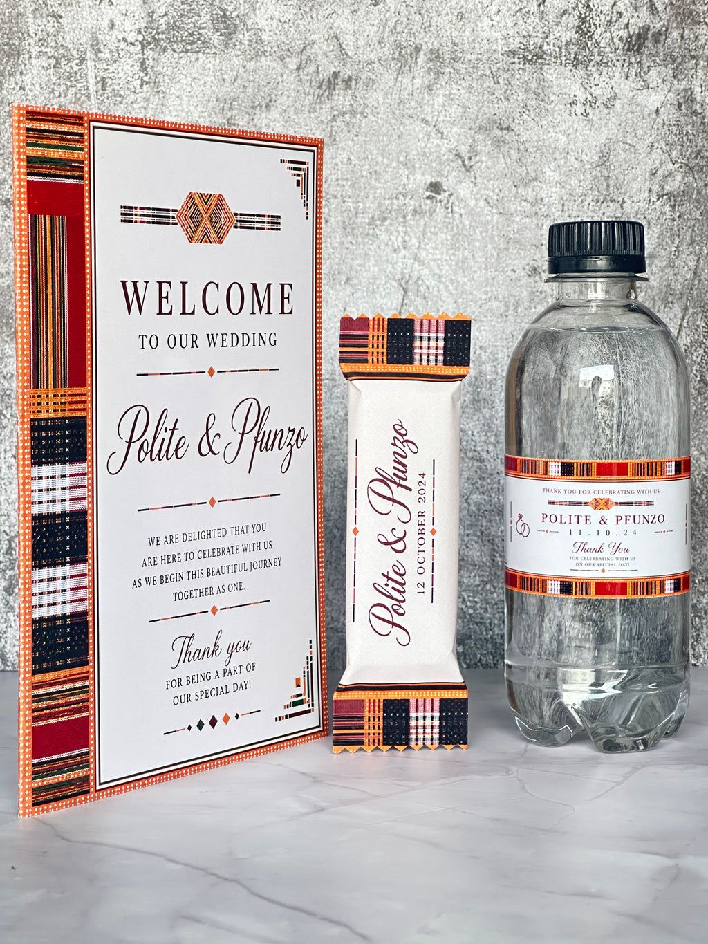 Branded water, wedding program & personalised chocolate set