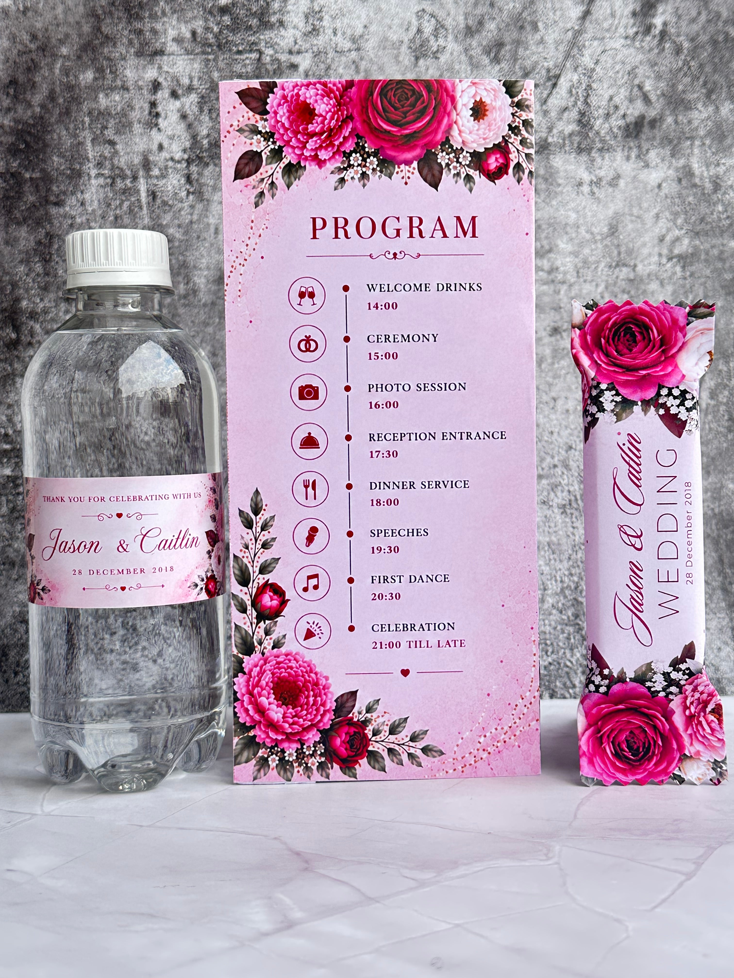 Branded water, wedding program & personalised chocolate set